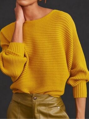 ANTHROPOLOGIE Citron Ribbed Knit Pullover Sweater Bat Sleeve